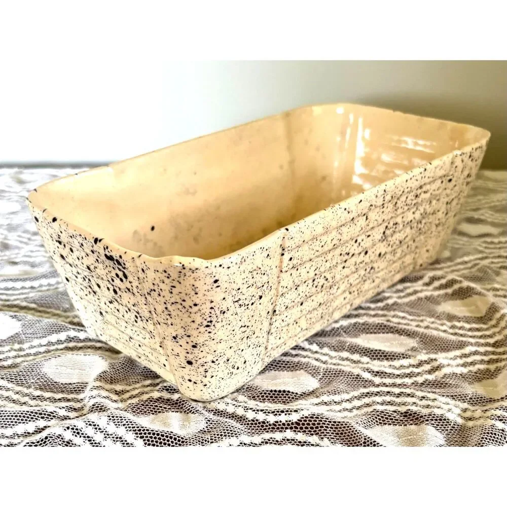 Vintage USA Pottery Loaf Pan Speckled Stoneware Bread Baker Cream Black Splatter